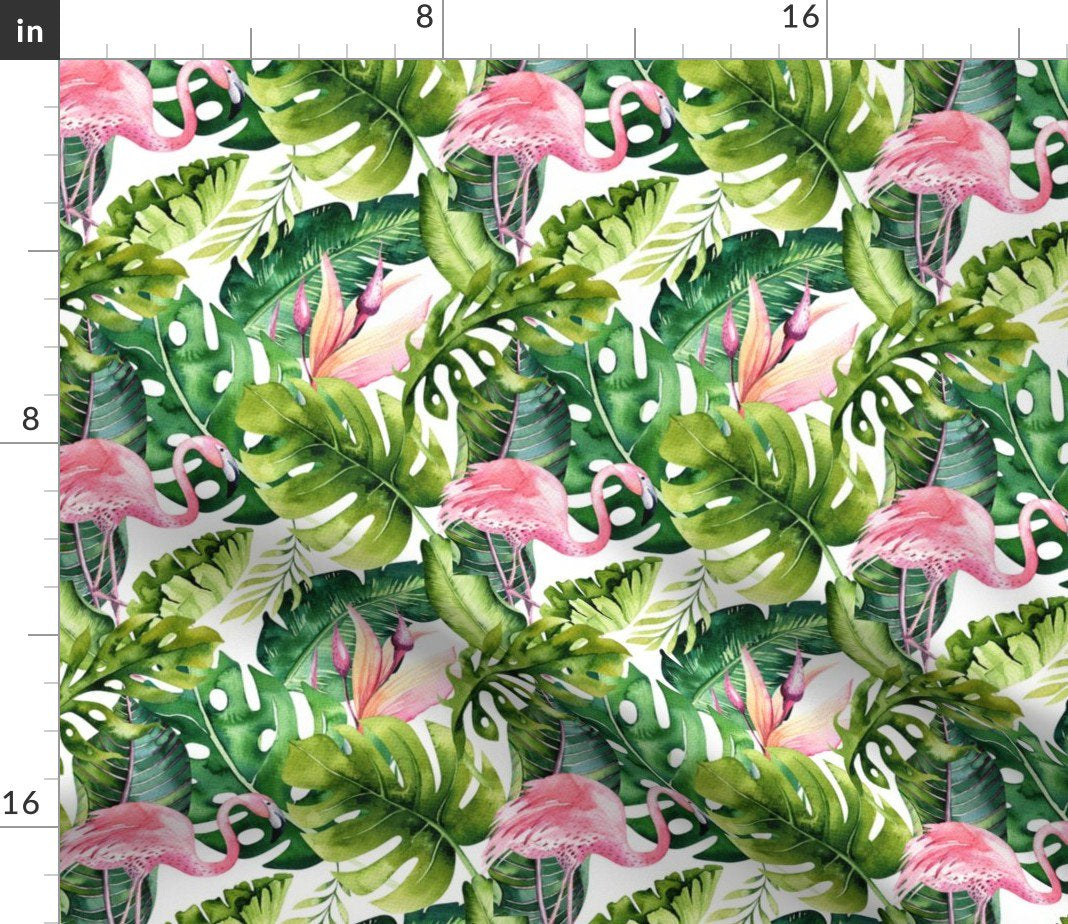 Spoonflower Fabric - Tropical Leaves Flamingo Green Watercolor Tropic Printed on Sport Lycra Fabric Fat Quarter - Swimwear Performance Leggings Apparel Fashion