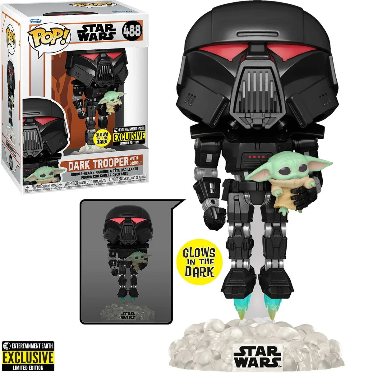 Funko Pop! Star Wars #488 The Mandalorian: Dark Trooper with Grogu Glow-in-the-Dark Exclusive Vinyl Figure 58286 LOW STOCK