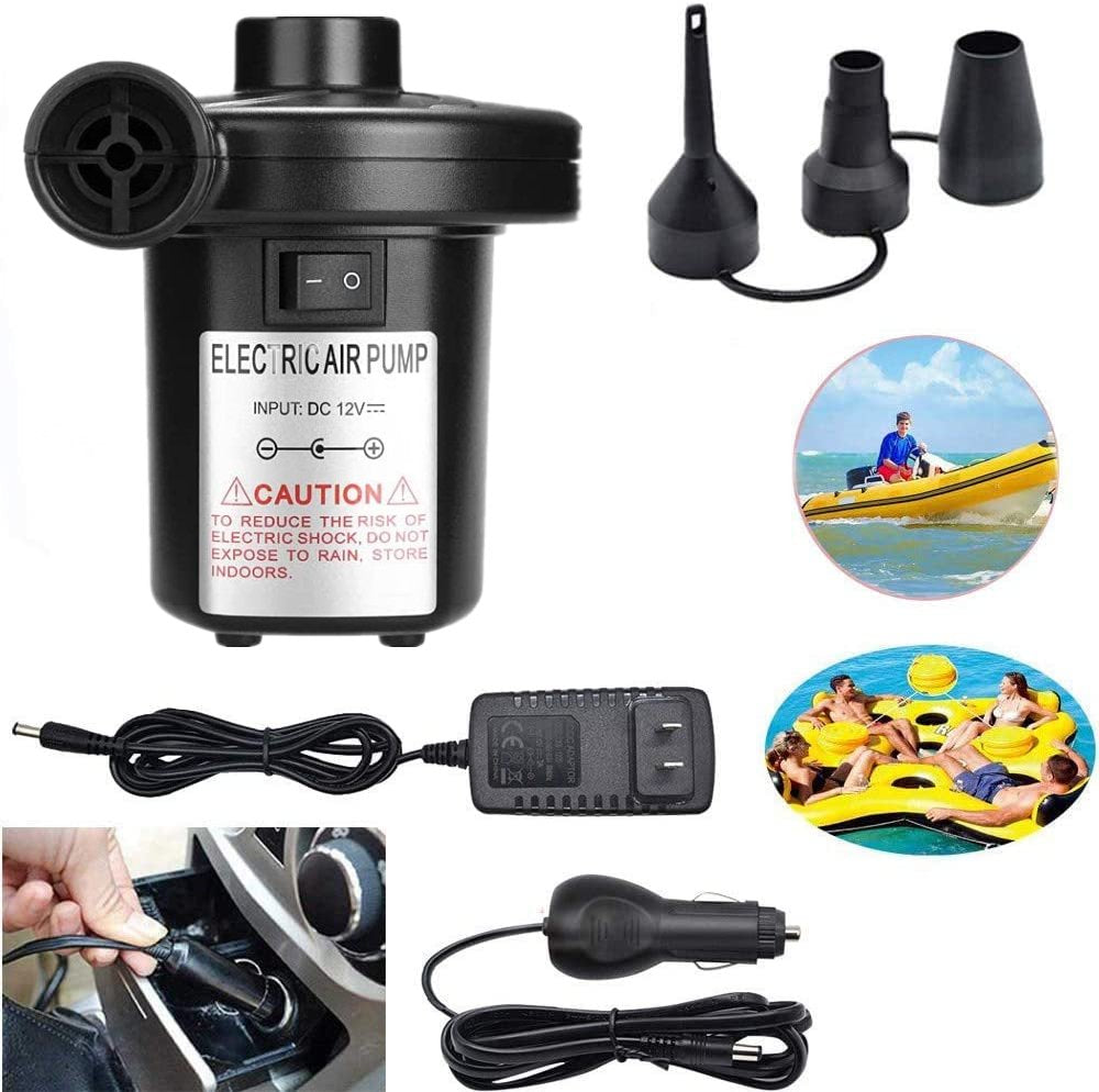 Electric Air Pump Air Mattress Portable Pump for Inflatables Couch, Pool Floats, Blow up Pool Raft Bed Boat Toy, Quick-Fill Inflator/Deflator with 3 Nozzles, 110V AC/12V DC, Black