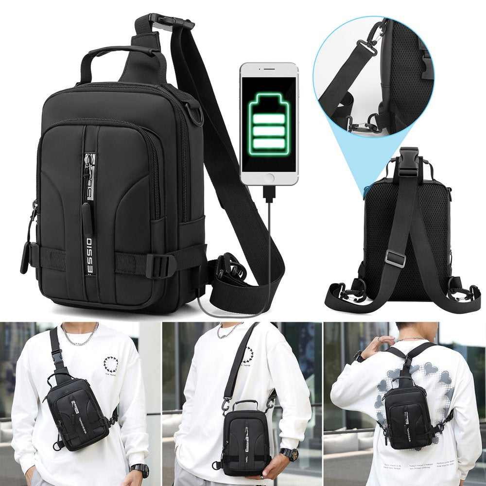 Sling Bag for Men, Eeekit Oxford Cloth Sling Bag, Crossbody Backpack Shoulder Bag, Chest Backpack, Waterproof Crossbody Bag, Men'S Leather Sling Bag with USB Charging Port for Travel, Hiking