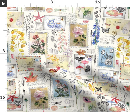 Spoonflower Fabric - Reminiscence Vintage Cream Victorian Illustration Ivory Watercolor Printed on Petal Signature Cotton Fabric by the Yard - Sewing Quilting Apparel Crafts Decor