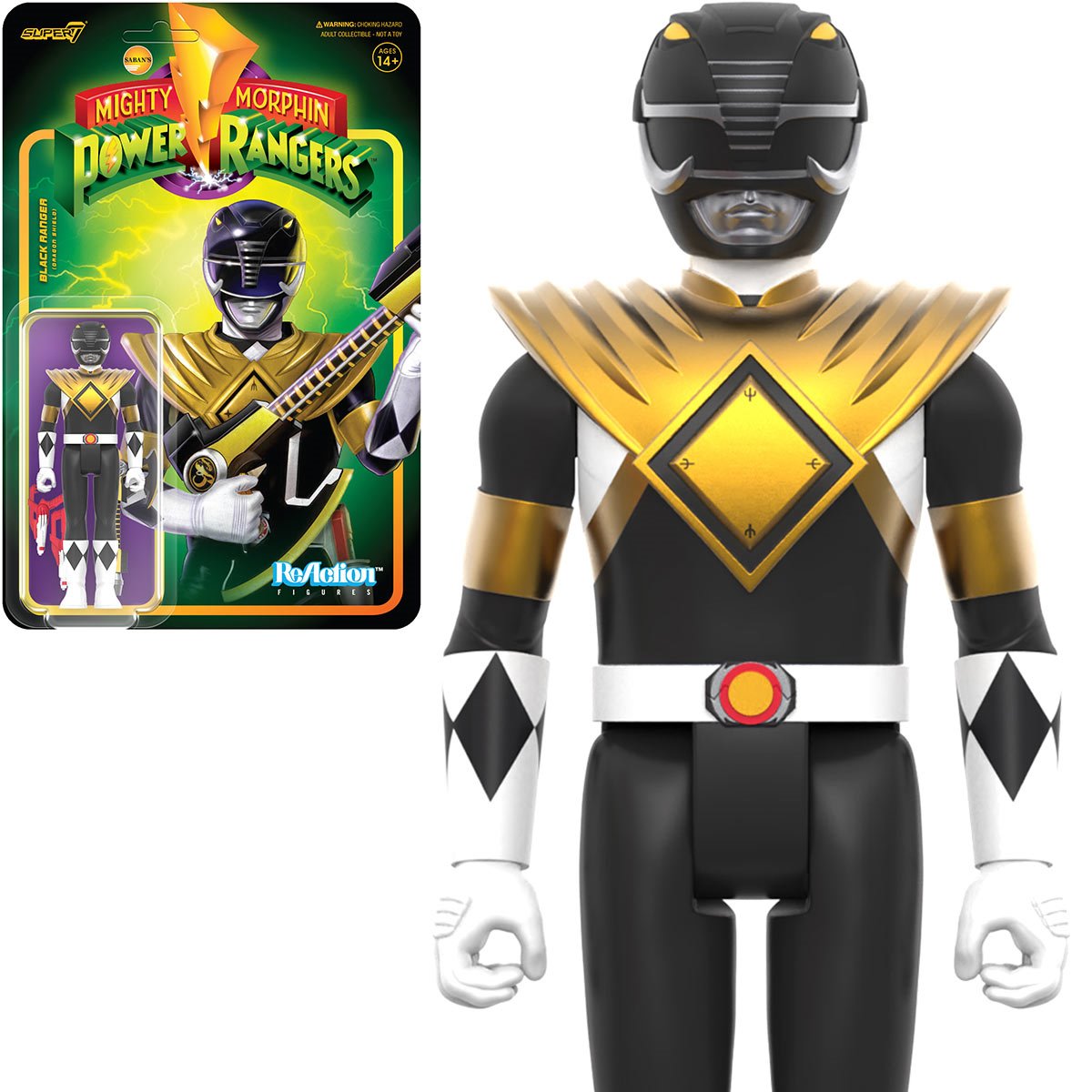 Super7 ReAction Figures - Mighty Morphin Power Rangers: Wave 4 - Black Ranger, Dragon Shield (82030)