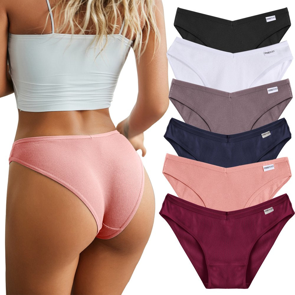 FINETOO 6 Pack Cotton Underwear for Women Cute Low Rise Bikini Rib Cheeky Panties Sexy V-Shaped Waistband Hipster Lingerie S-XL