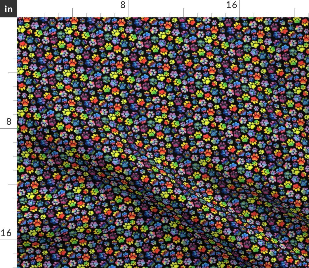 Spoonflower Fabric - Rainbow Paw Prints Black Small Dog Animals Cat Puppy Dogs Watercolor Printed on Petal Signature Cotton Fabric by the Yard - Sewing Quilting Apparel Crafts Decor