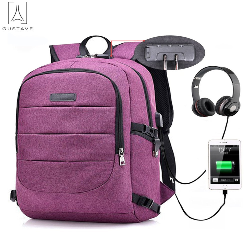 Gustave Laptop Backpack Water Resistant Anti-Theft College Backpack with USB Chargin Port and Lock 17Inch Compurter Backpacks for Women Men, Casual Hiking Travel Daypack "Black"