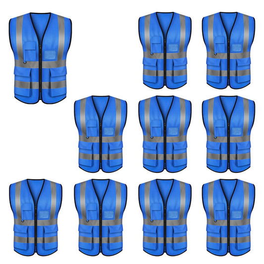 Toptie 5 Pockets High Visibility Zipper Front Safety Vest with Reflective Strips Uniform Vest, Pack of 10-Blue-L