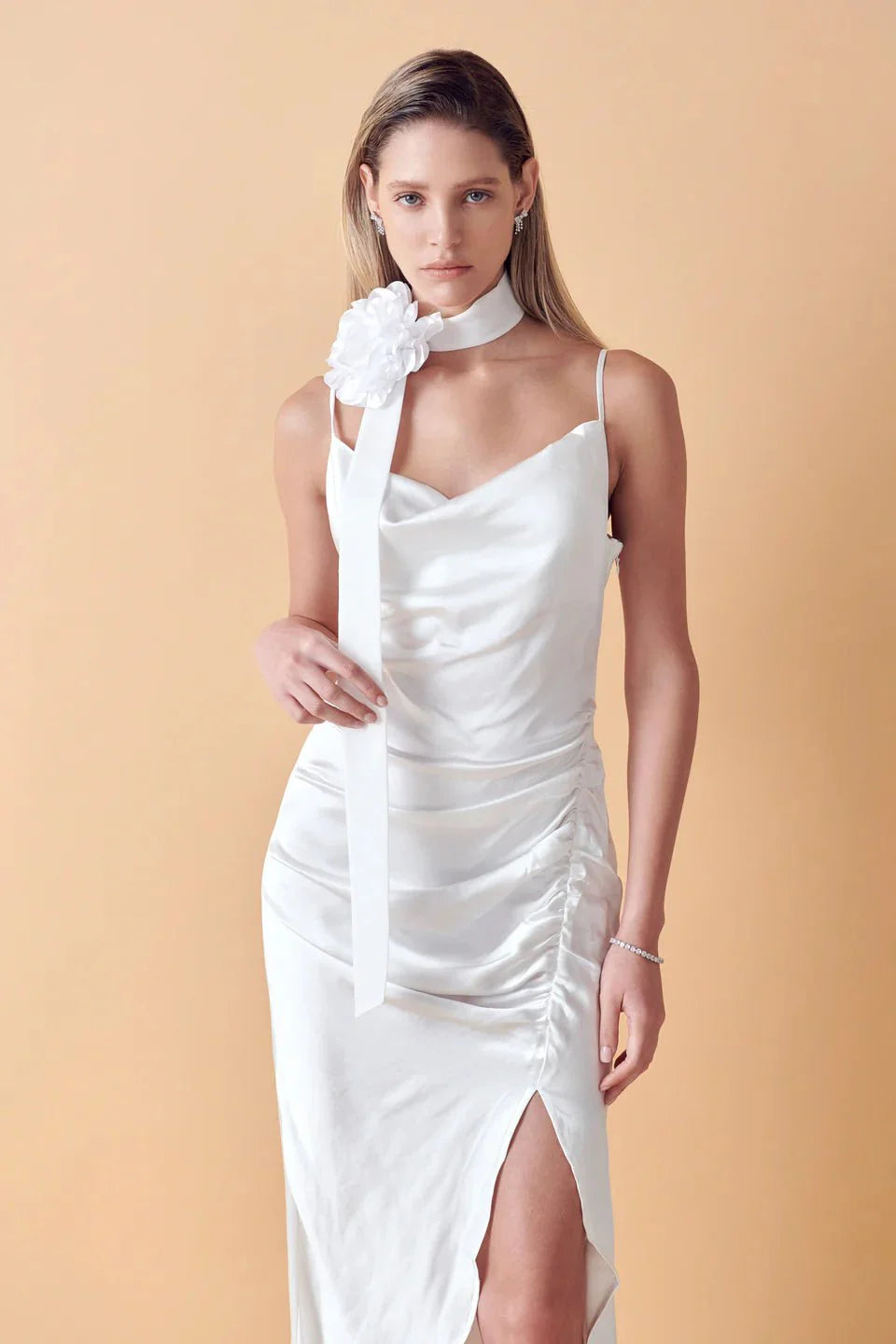 Ruched Asymmetrical Satin Slip Maxi